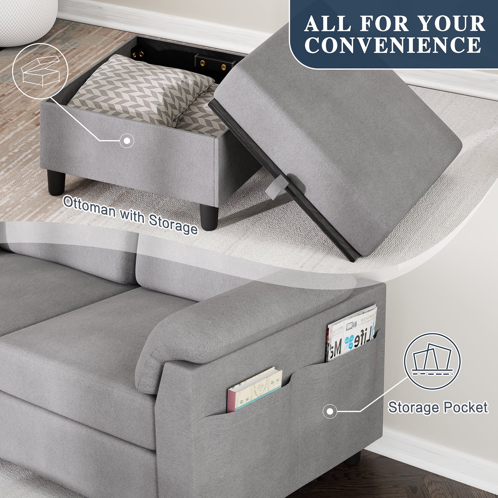 79.1" Sectional Sofa with Movable Storage Ottoman, L-Shaped Convertible Sofa Couch for Small Living Room, Ottoman, L-Shaped Convertible Sofa Couch for Small Living Room, Light Grey