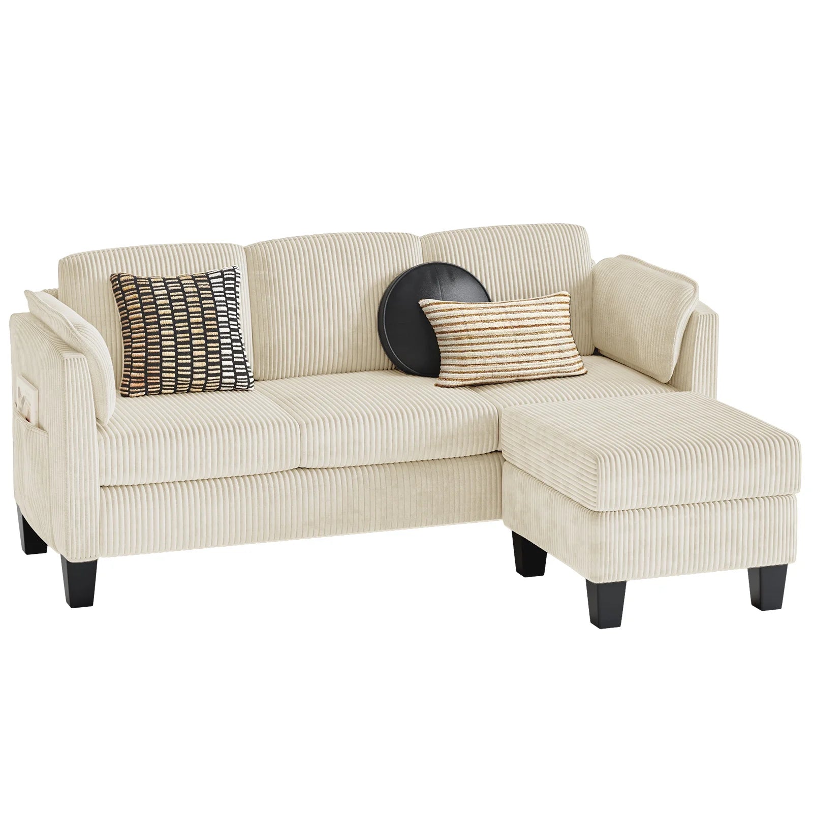 Corduroy Sectional Sofa Couches for Living Room, L-Shaped Modular Small Couch Convertible 3 Seater Sofa with Ottaman Storage,Beige