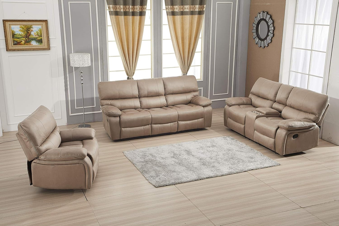 Microfiber Reclining Sofa Couch Set Living Room Set 8007 (Taupe, Sofa+Loveseat+Recliner)