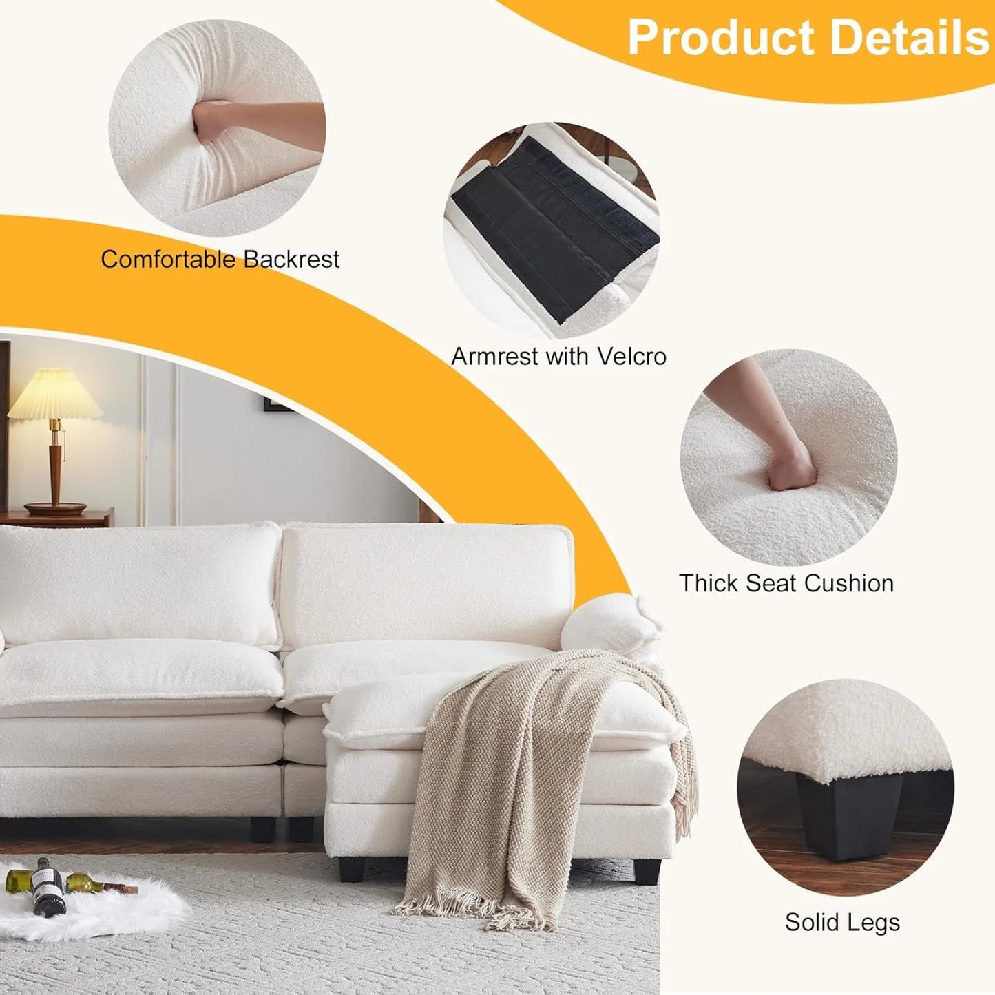 86" W Sectional Sofa Modern Convertible Couch with Double Cushions L Shaped Sofa with Reversible Chaise, Teddy Velvet Sofa Set with 2 Wider Seater Teddy White