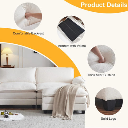 86" W Sectional Sofa Modern Convertible Couch with Double Cushions L Shaped Sofa with Reversible Chaise, Teddy Velvet Sofa Set with 2 Wider Seater Teddy White