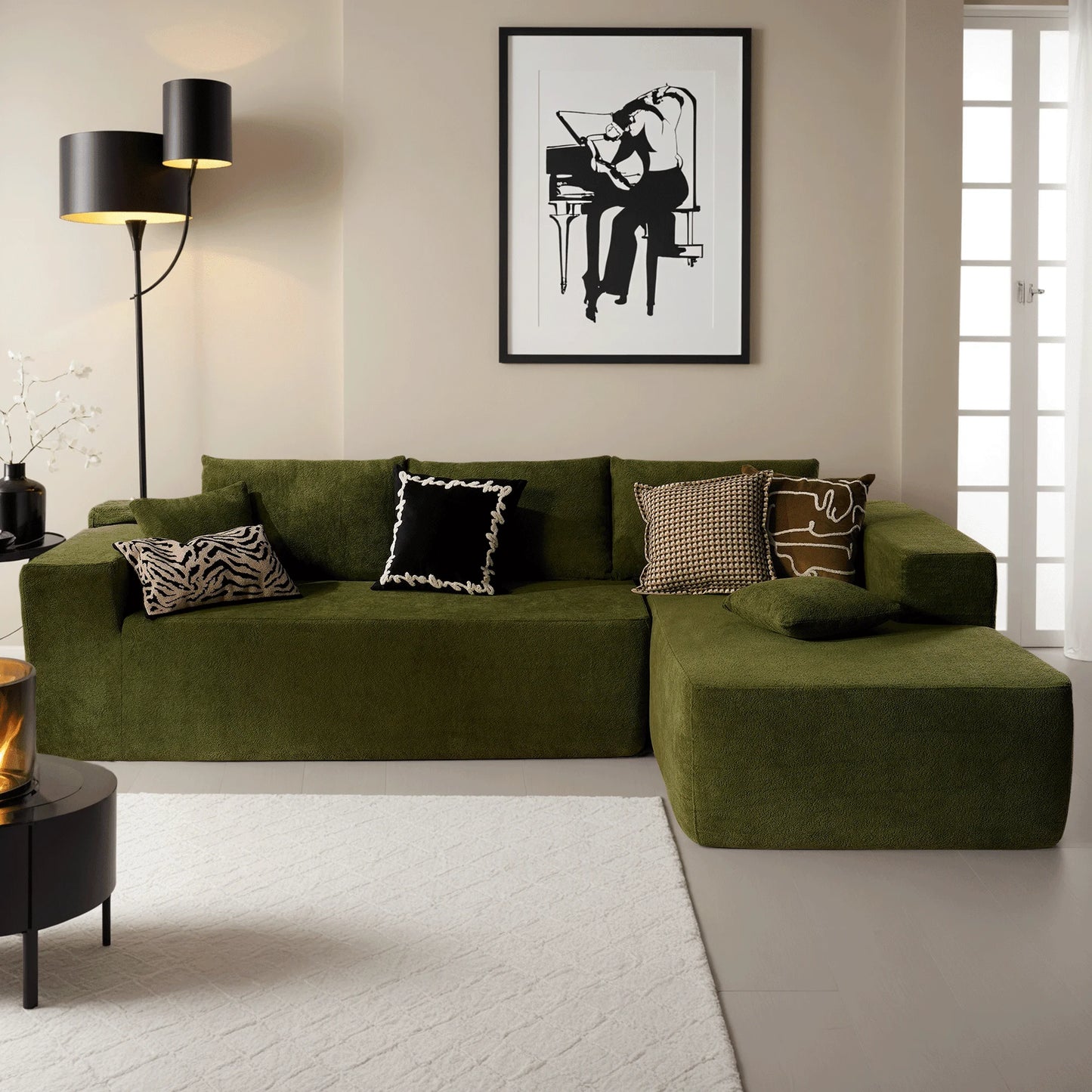 106" L-Shaped Sectional Sofa Modern Modular Cloud Couch with Deep Seating Upholstered Sofa for Living Room Bedroom, No Assembly Required, Green(Sherpa)