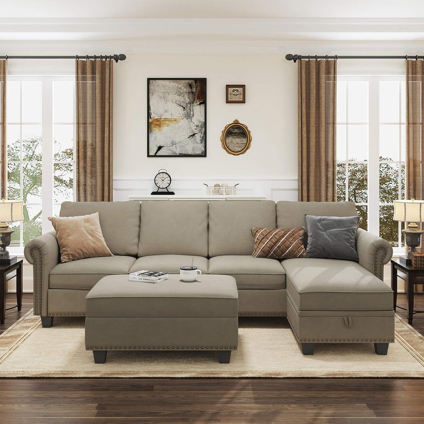 Convertible Sectional Sofa, L Shaped Couch with Storage Ottoman, Reversible Sectional Sofa Couch for Living Room, Dark Khaki