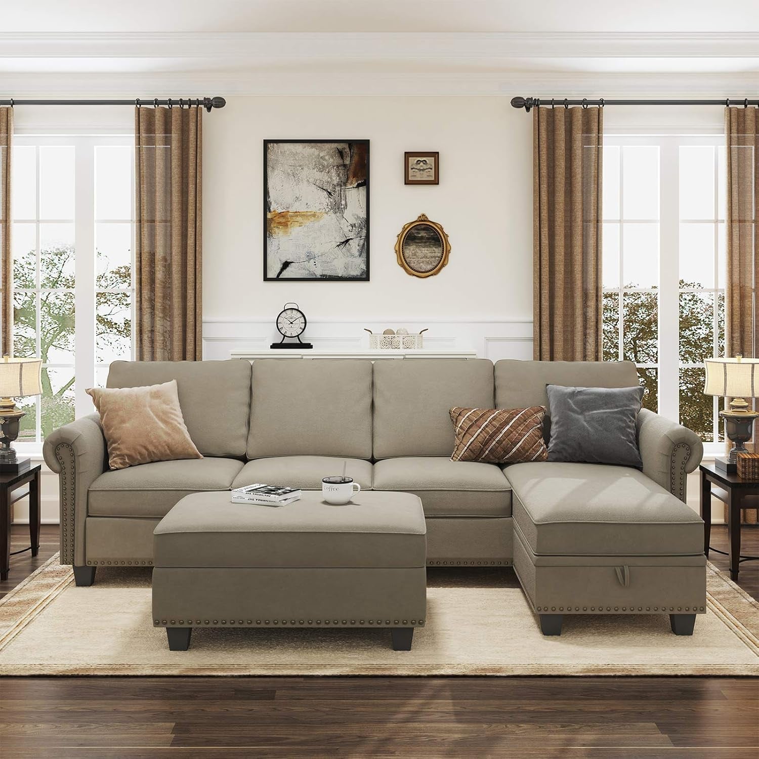 Convertible Sectional Sofa, L Shaped Couch with Storage Ottoman, Reversible Sectional Sofa Couch for Living Room, Dark Khaki