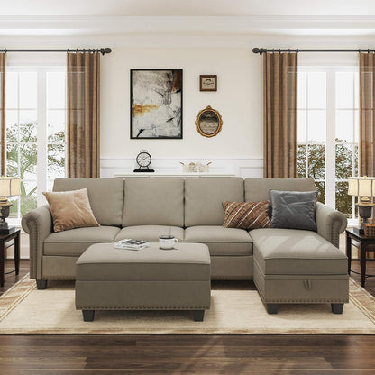 Convertible Sectional Sofa, L Shaped Couch with Storage Ottoman, Reversible Sectional Sofa Couch for Living Room, Dark Khaki