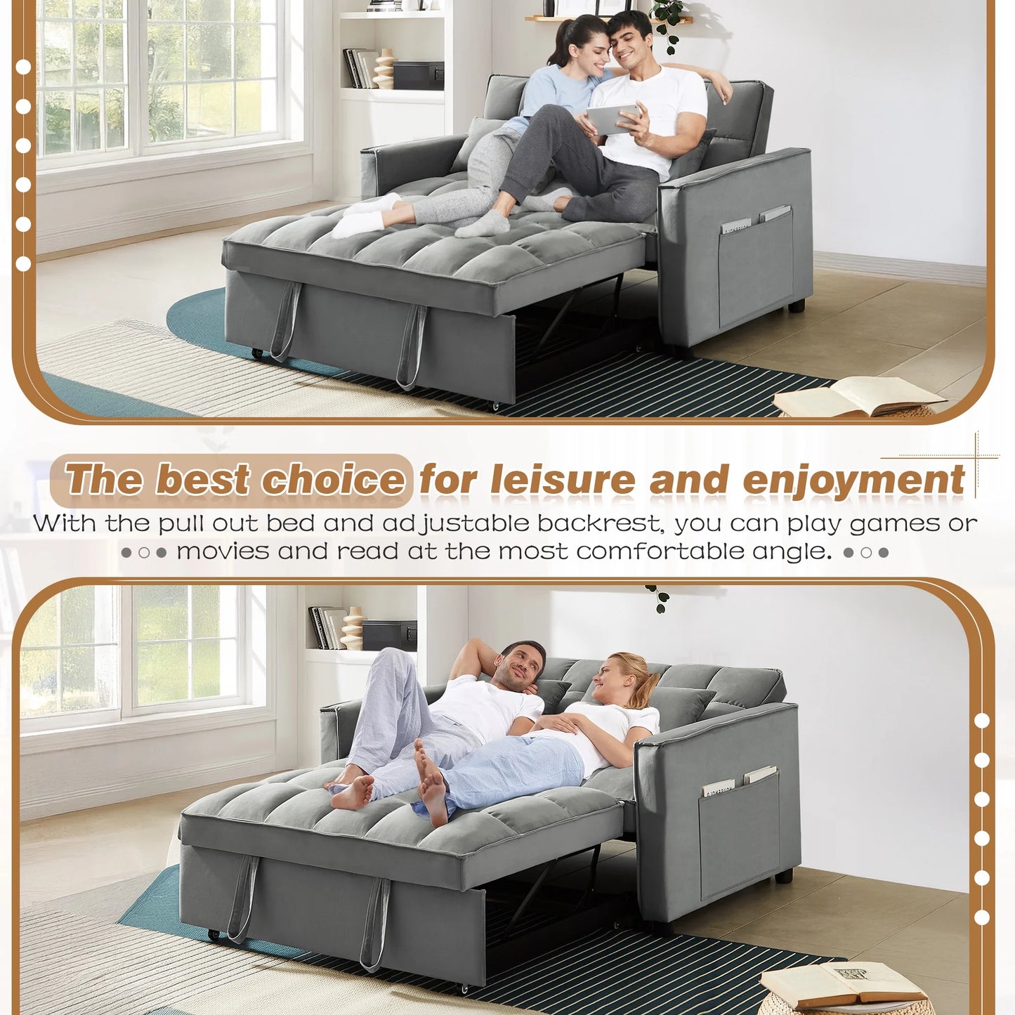 4-In-1 Convertible Futon Sofa Bed, Pull Out Couch Beds Loveseat Sleeper, Gray Velvet