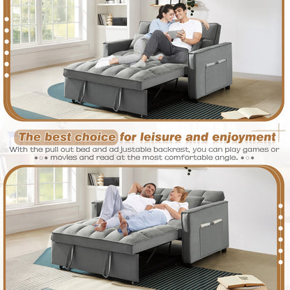 4-In-1 Convertible Futon Sofa Bed, Pull Out Couch Beds Loveseat Sleeper, Gray Velvet