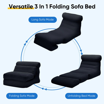 Folding Sofa Bed, 3 in 1 Convertible Sofa with Back Support, Portable Folding Chair Bed, Living Room Bedroom Comfortable Floor Sofa Lounge, Single Bed, Black