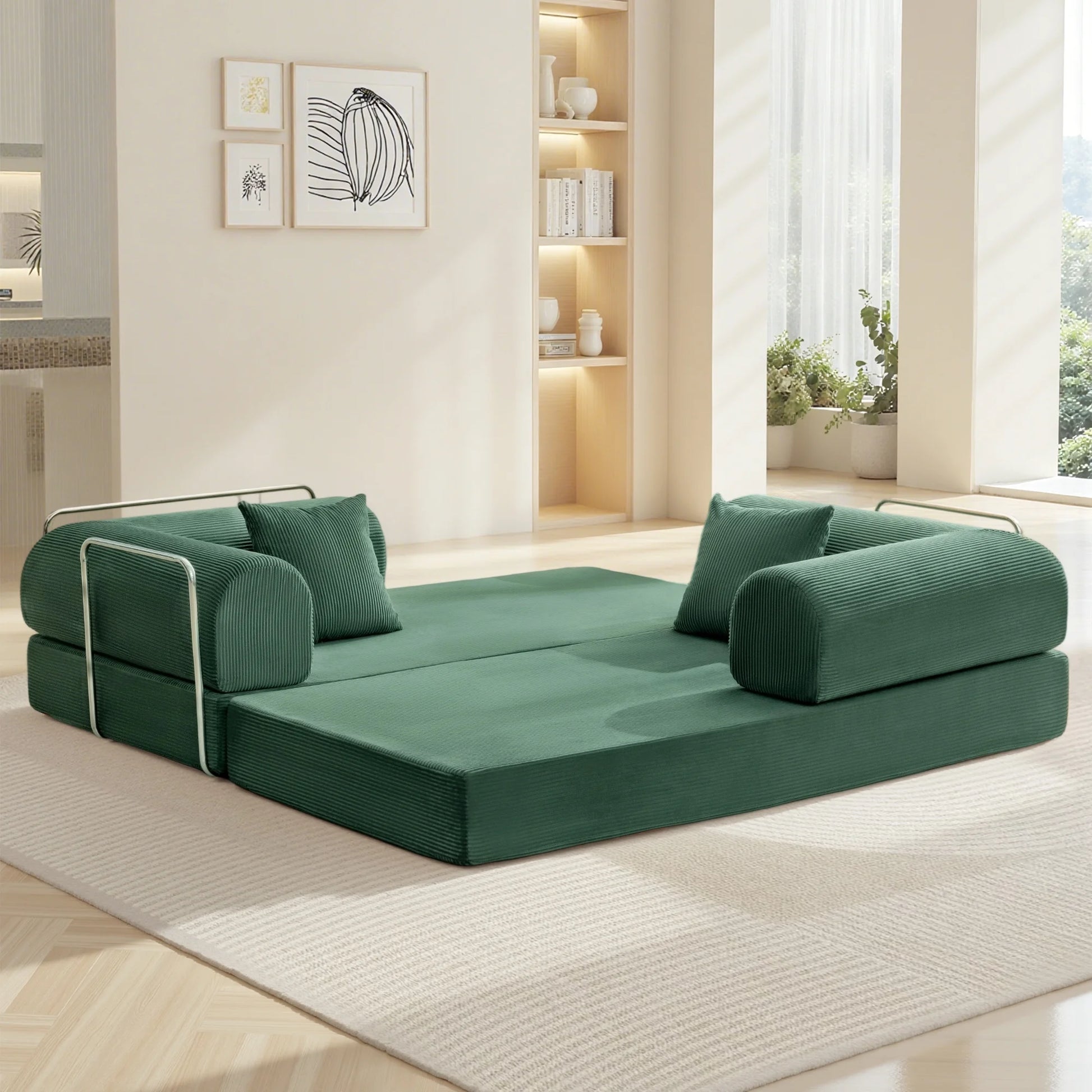 78.7" W Combination Sofa, High Rebound Density Sponge Sofa Couch, Two Forms Floor Couch Three Seats Sofa Bed for Living Room, Bedroom, Green