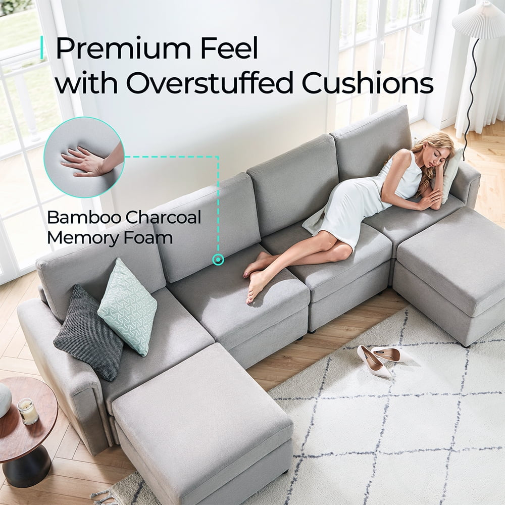 Modular Couches and Sofas Sectional with Storage, 6 Seat Sectional Sofa for Living Room, U Shaped Sectional Couch with Reversible Chaises, Light Gray