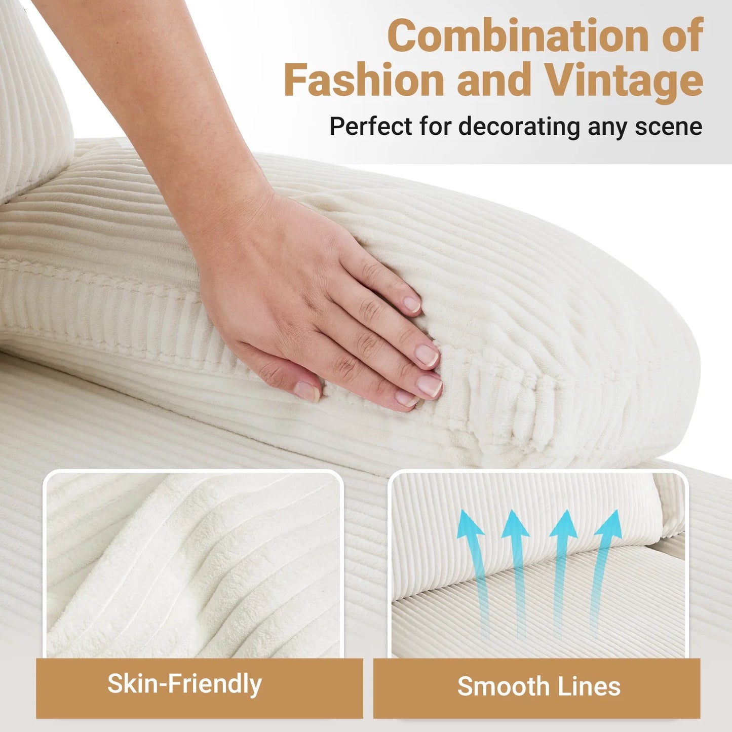 U-Shaped Sectional Sofa, 111" Corduroy Couch, 4 Seat Lounge Sleeper with Double Chaise for Living Room off White