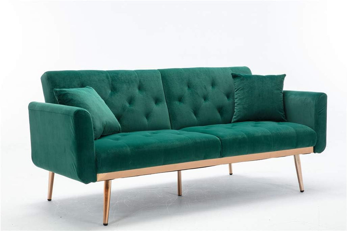 63" ccent Sof, Mid Century Modern Velvet Fbric Couch, Convertible Futon Sof Bed ，Recliner Couch ccent Sof Loveset Sof with Gold Metl Feet (Green)