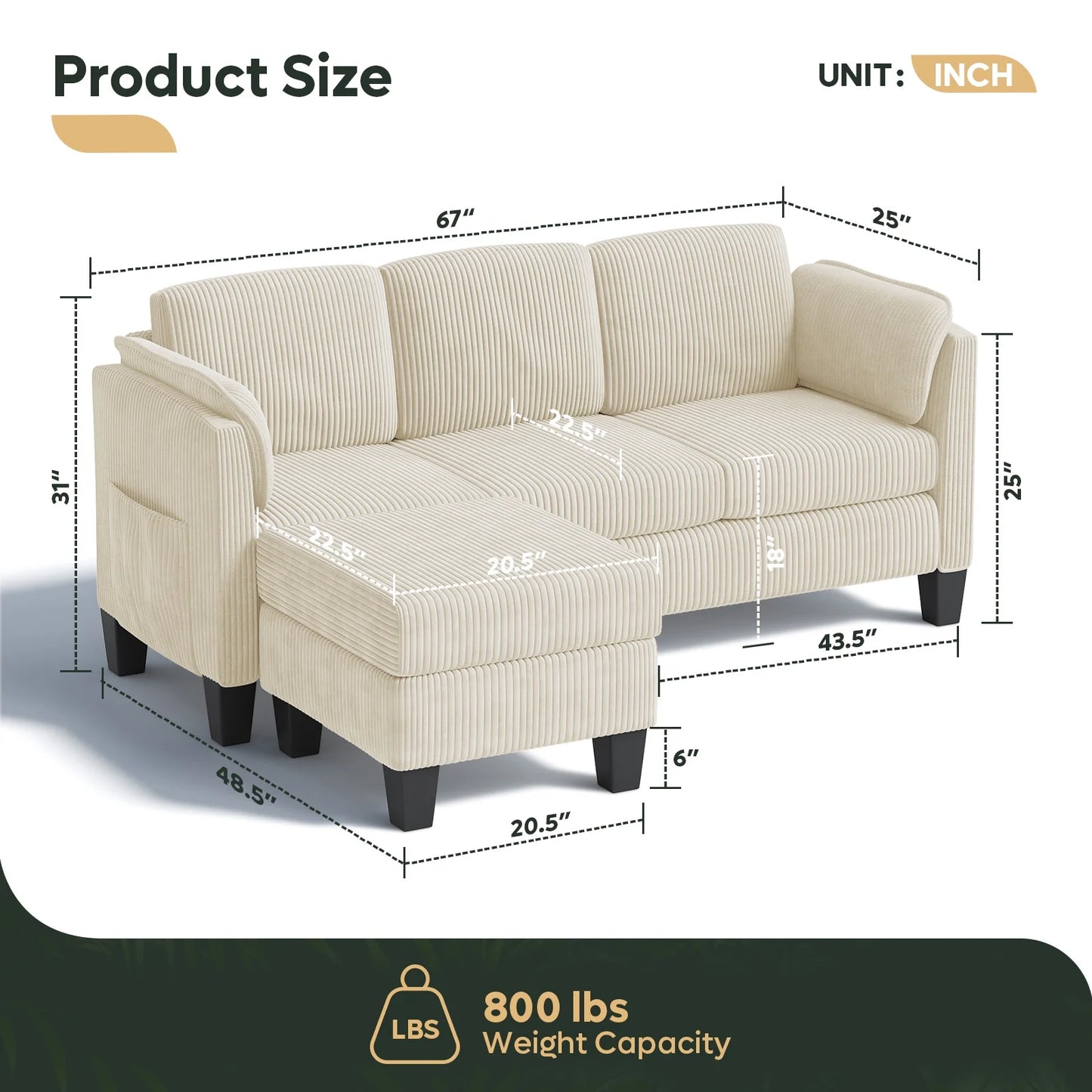 Corduroy Sectional Sofa Couches for Living Room, L-Shaped Modular Small Couch Convertible 3 Seater Sofa with Ottaman Storage,Beige