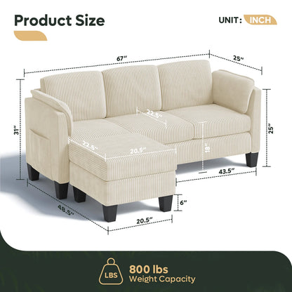 Corduroy Sectional Sofa Couches for Living Room, L-Shaped Modular Small Couch Convertible 3 Seater Sofa with Ottaman Storage,Beige