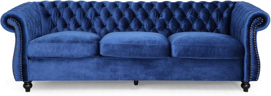 Great Deal Furniture  Chesterfield Tufted Jewel Toned Velvet Sofa with Scroll Arms, Navy Blue