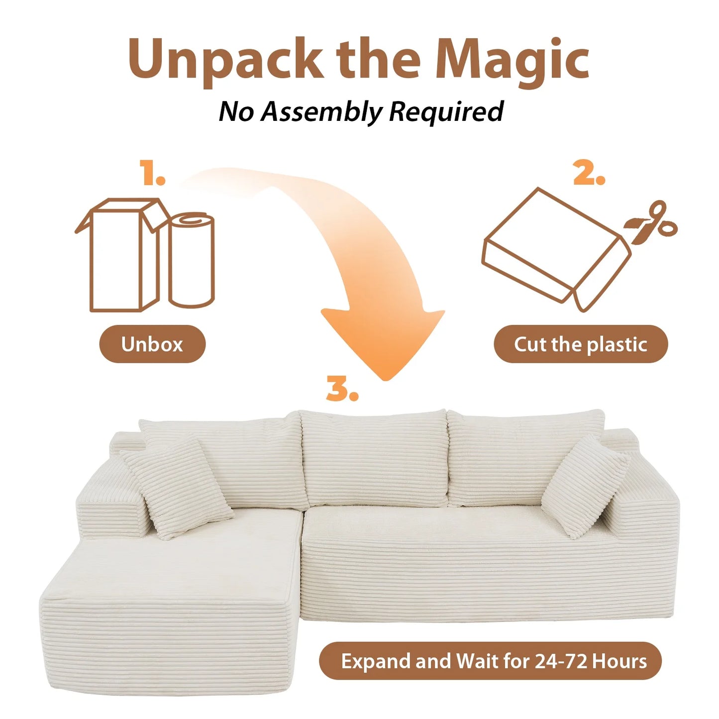 Indoor Modular Sectional Sofa, 106" Corduroy Cloud Couch L Shaped Sofas with Deep Seat, Comfy Fluffy Plush Couches, No Assembly Required, Left Chaise, White