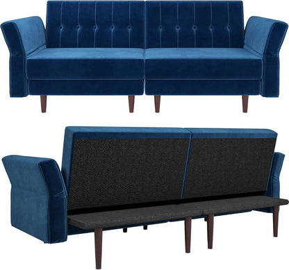 Velvet Convertible Futon Sofa Bed Memory Foam Futon Couch Sleeper Sofa Blue