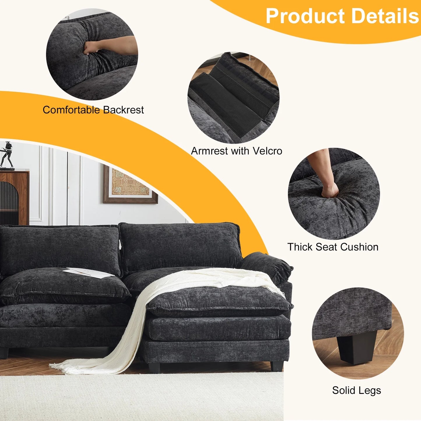 120" W Sectional Sofa U Shaped Couch with Double Chaise Chenille Sleeper Set with 3 Oversized Seats Black