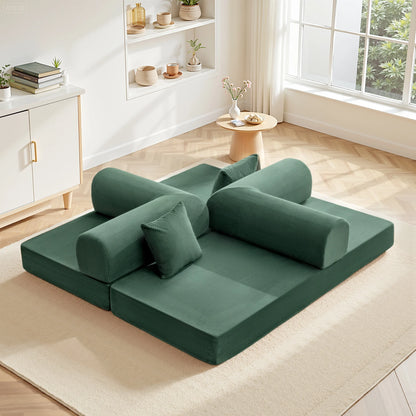 78.7" W Combination Sofa, High Rebound Density Sponge Sofa Couch, Two Forms Floor Couch Three Seats Sofa Bed for Living Room, Bedroom, Green