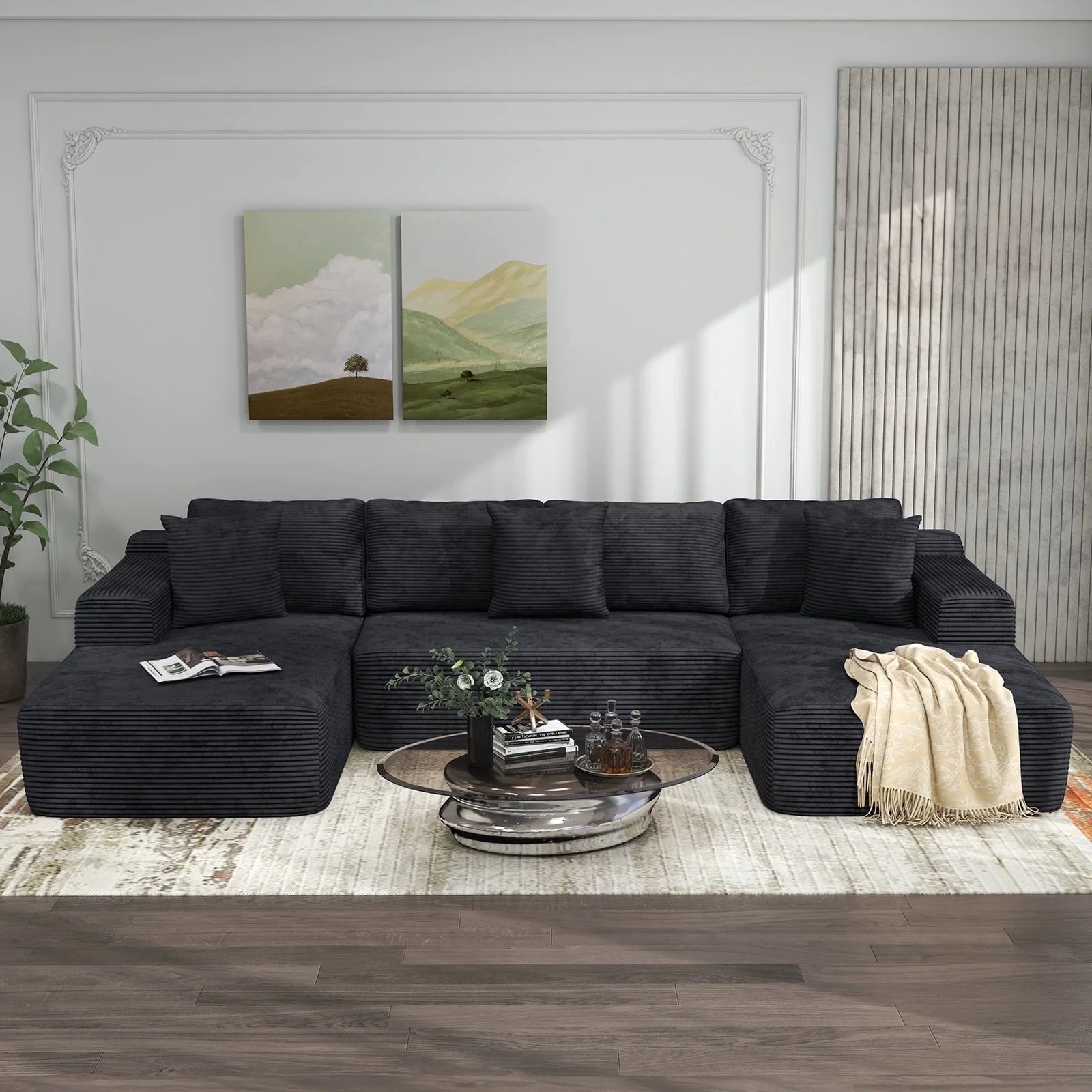 Indoor Modular Sectional Sofa, 132'' Corduroy Cloud Couch with Double Chaise, U Shaped Sofas with Deep Seat, Comfy Fluffy Plush Couches, No Assembly Required, Black