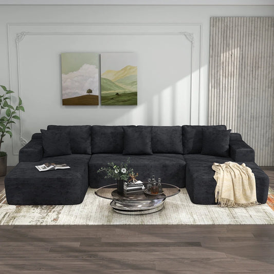 Indoor Modular Sectional Sofa, 132'' Corduroy Cloud Couch with Double Chaise, U Shaped Sofas with Deep Seat, Comfy Fluffy Plush Couches, No Assembly Required, Black