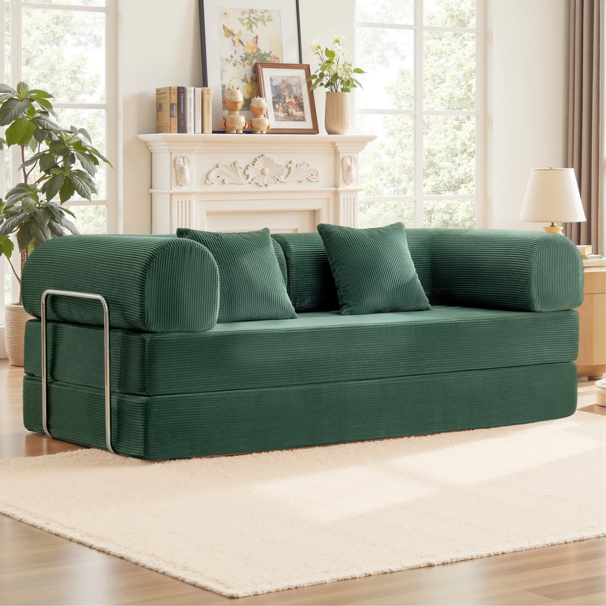 78.7" W Combination Sofa, High Rebound Density Sponge Sofa Couch, Two Forms Floor Couch Three Seats Sofa Bed for Living Room, Bedroom, Green