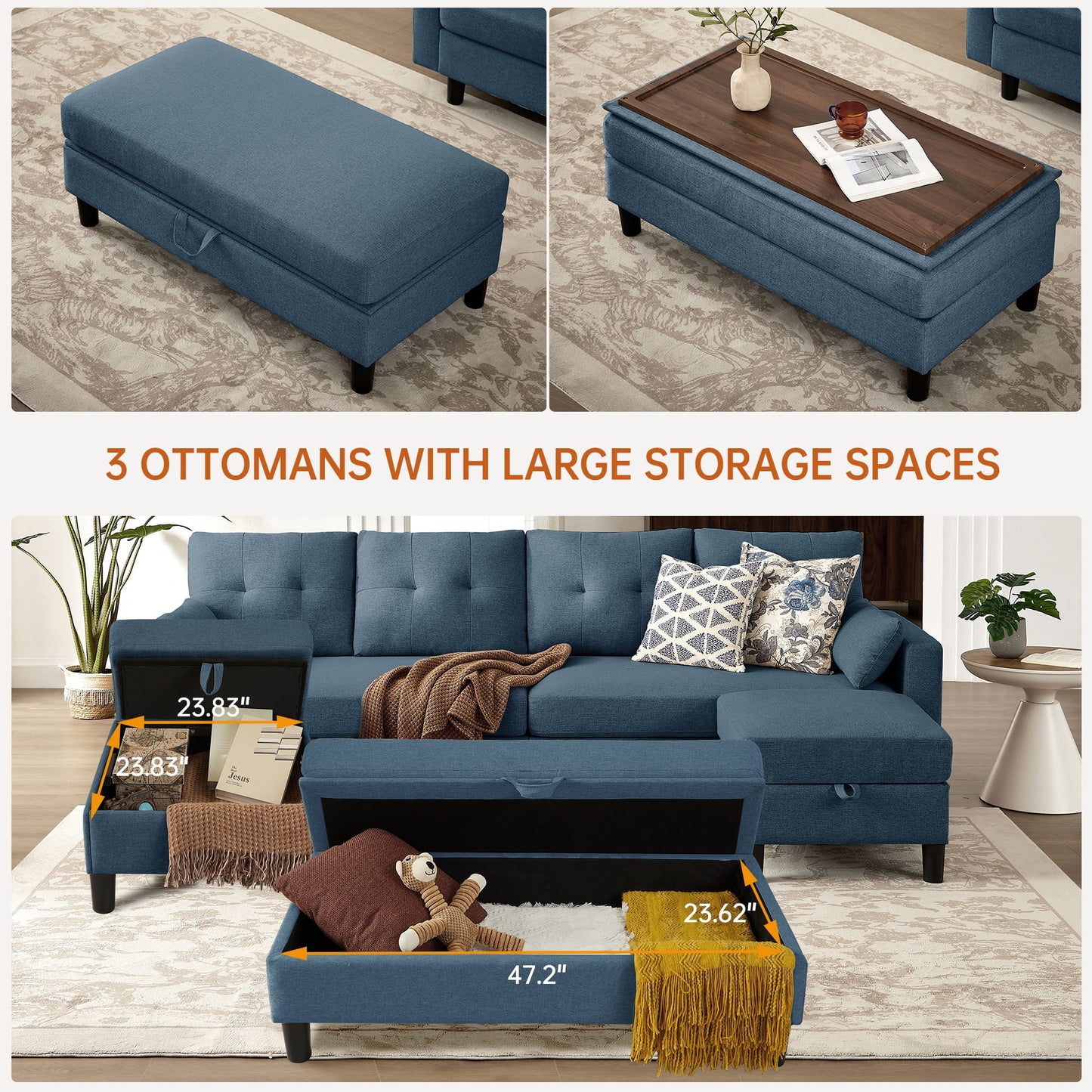 101" Sectional Sofa with 3 Storage Ottoman,4 Seat U Shaped Couch with Side Pockets, Modern Linen Sofa Bed with Coffee Table Ottoman for Living Room Apartment Office Studio,Tool Free Assemble