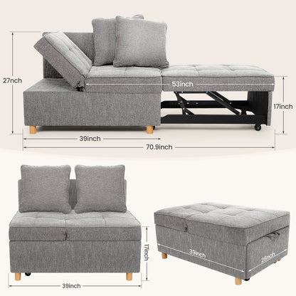 4-In-1 Convertible Sofa Chair Bed, Linen Sleeper Chair for Small Space, Futon Sofa Bed with 5 Adjustable Backrest, Single Small Couch for Living Room Bedroom Apartment, Gray