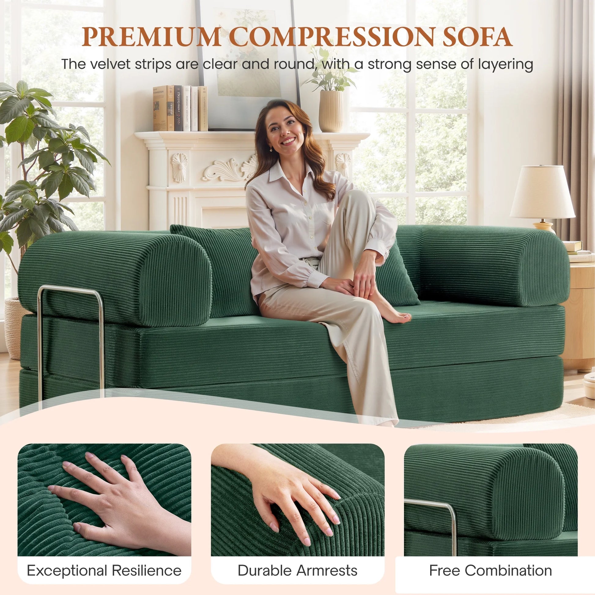 78.7" W Combination Sofa, High Rebound Density Sponge Sofa Couch, Two Forms Floor Couch Three Seats Sofa Bed for Living Room, Bedroom, Green