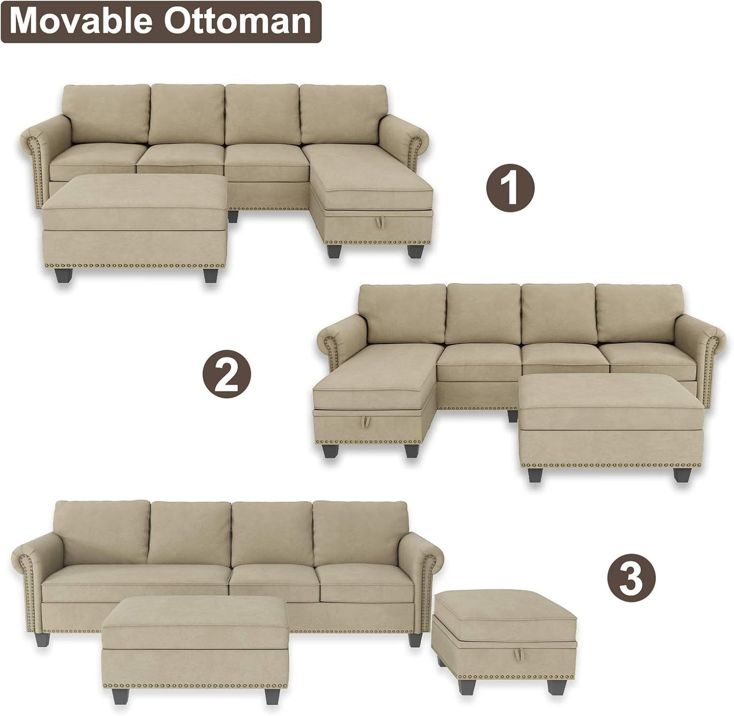 Convertible Sectional Sofa, L Shaped Couch with Storage Ottoman, Reversible Sectional Sofa Couch for Living Room, Dark Khaki