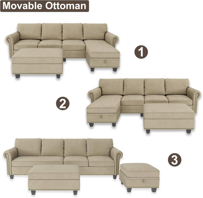 Convertible Sectional Sofa, L Shaped Couch with Storage Ottoman, Reversible Sectional Sofa Couch for Living Room, Dark Khaki