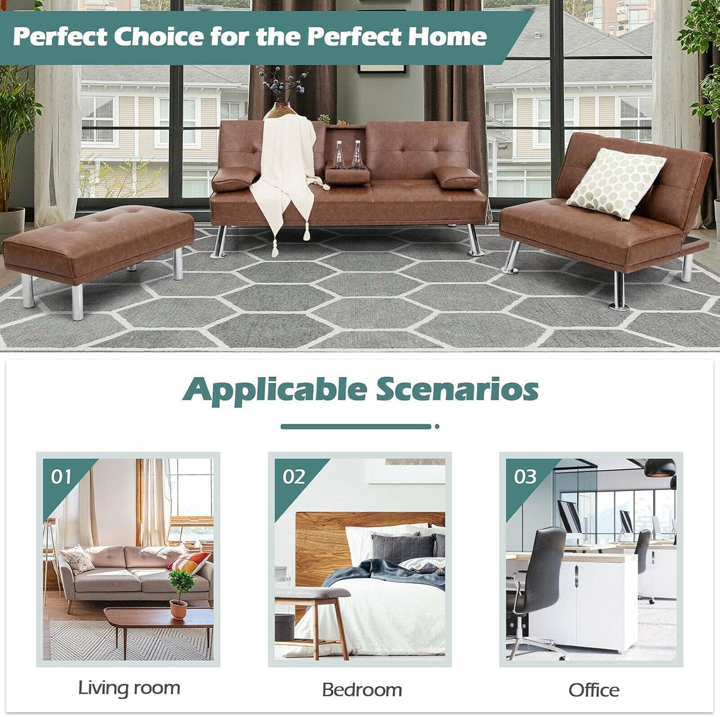 3 Pieces Convertible Sectional Sofa Set, 3 Seat Sofa and Couch with Cup Holders and Ottoman, Tufted PU Leather Chaise Modern Reversible Living Room Furniture for Apartment Office (Brown)