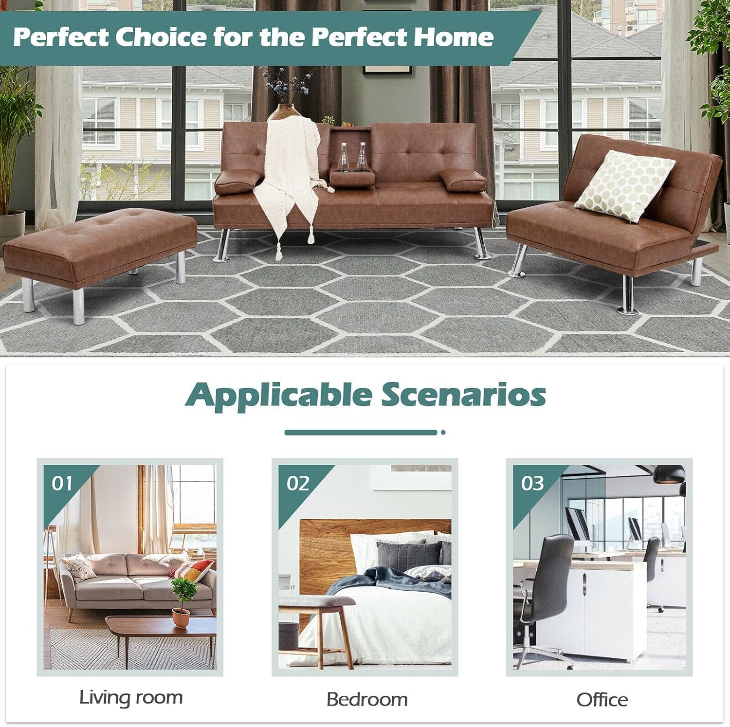 3 Pieces Convertible Sectional Sofa Set, 3 Seat Sofa and Couch with Cup Holders and Ottoman, Tufted PU Leather Chaise Modern Reversible Living Room Furniture for Apartment Office (Brown)