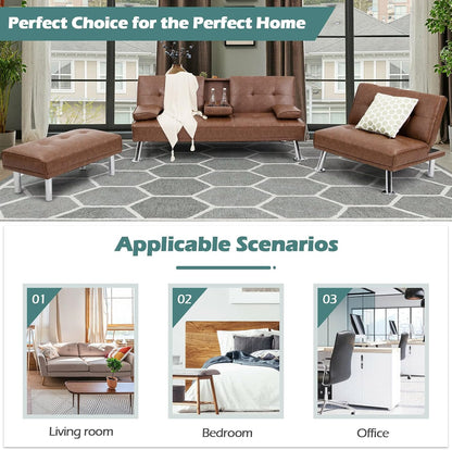 3 Pieces Convertible Sectional Sofa Set, 3 Seat Sofa and Couch with Cup Holders and Ottoman, Tufted PU Leather Chaise Modern Reversible Living Room Furniture for Apartment Office (Brown)