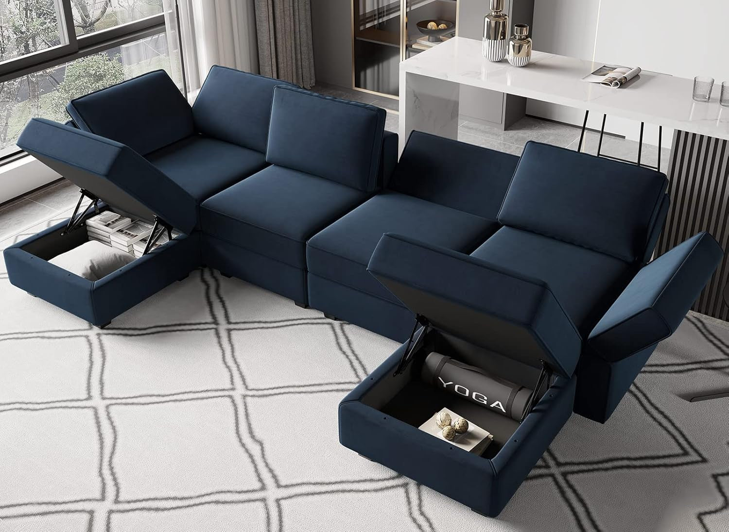 Modular Sectional Sofa U Shaped Velvet Couch with Reversible Chaise Oversized Couch with Ottoman Blue…