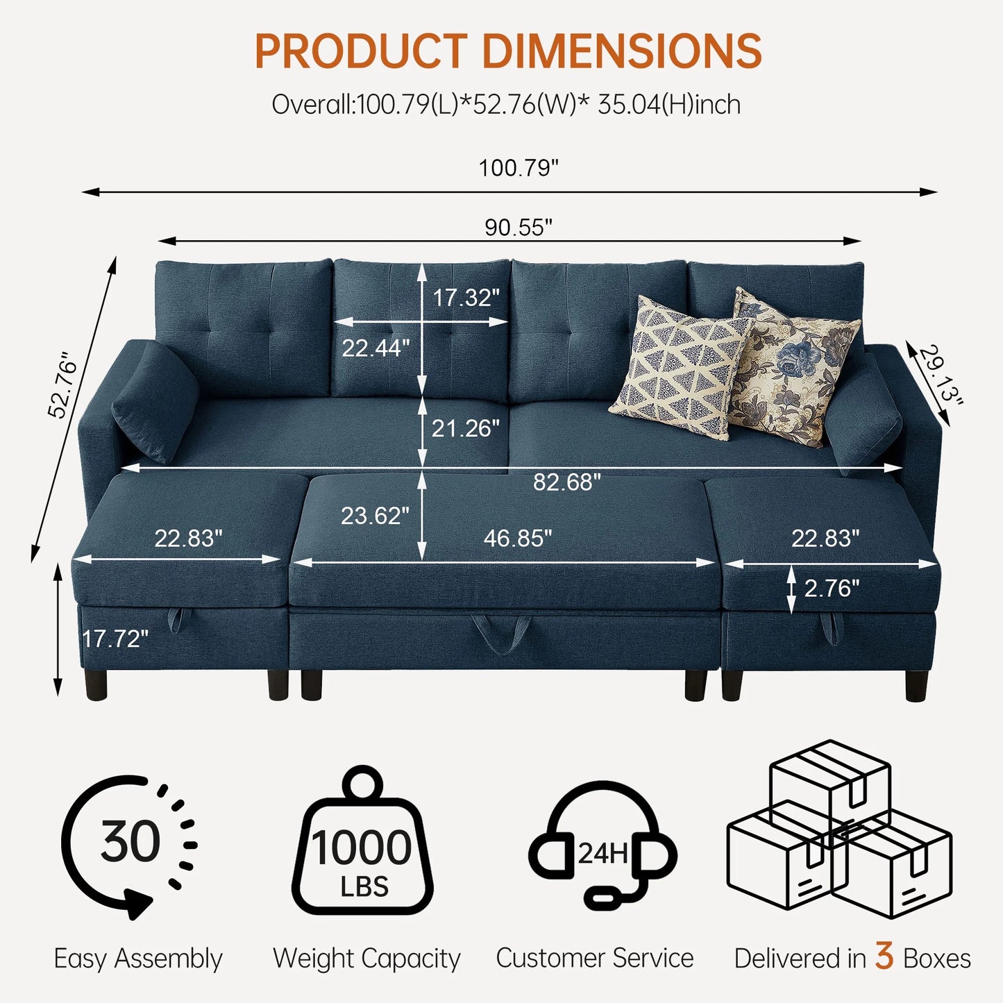 101" Sectional Sofa with 3 Storage Ottoman,4 Seat U Shaped Couch with Side Pockets, Modern Linen Sofa Bed with Coffee Table Ottoman for Living Room Apartment Office Studio,Tool Free Assemble