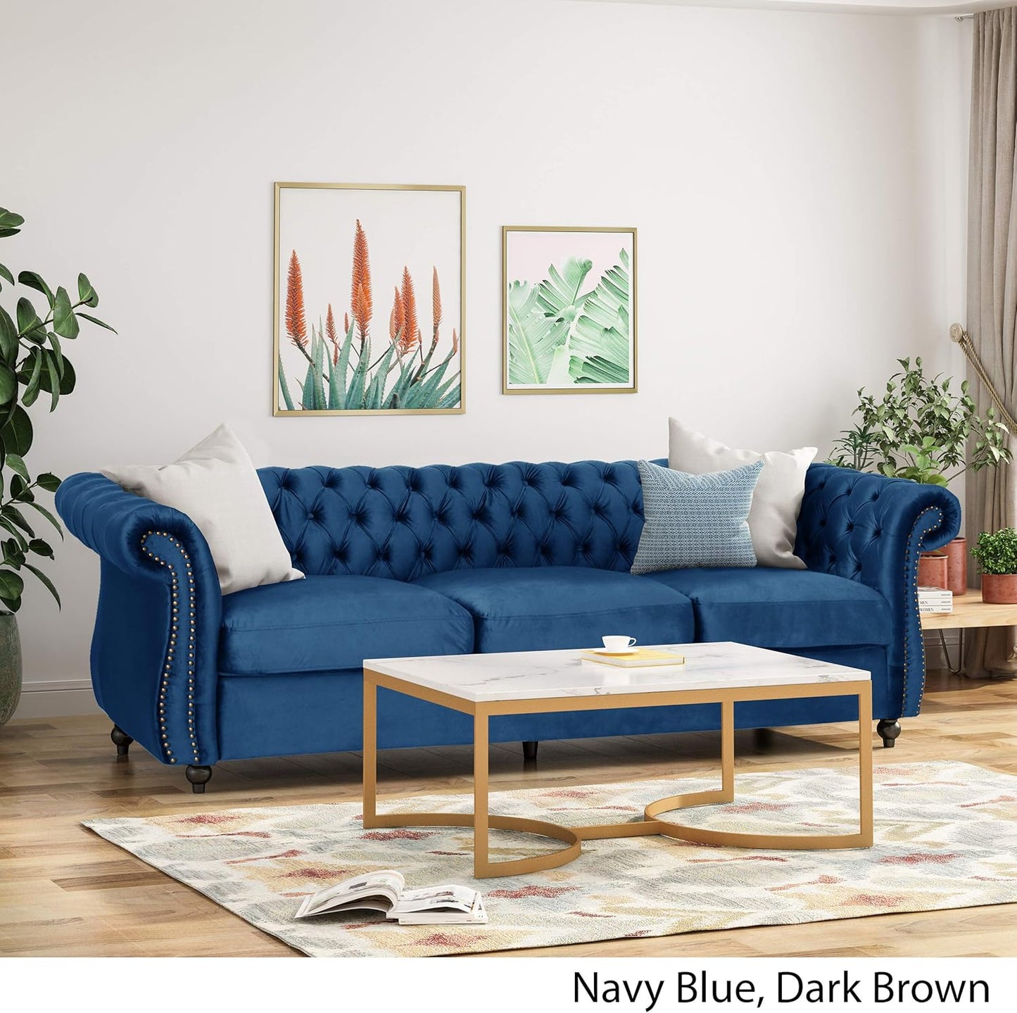 Great Deal Furniture  Chesterfield Tufted Jewel Toned Velvet Sofa with Scroll Arms, Navy Blue