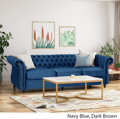 Great Deal Furniture  Chesterfield Tufted Jewel Toned Velvet Sofa with Scroll Arms, Navy Blue