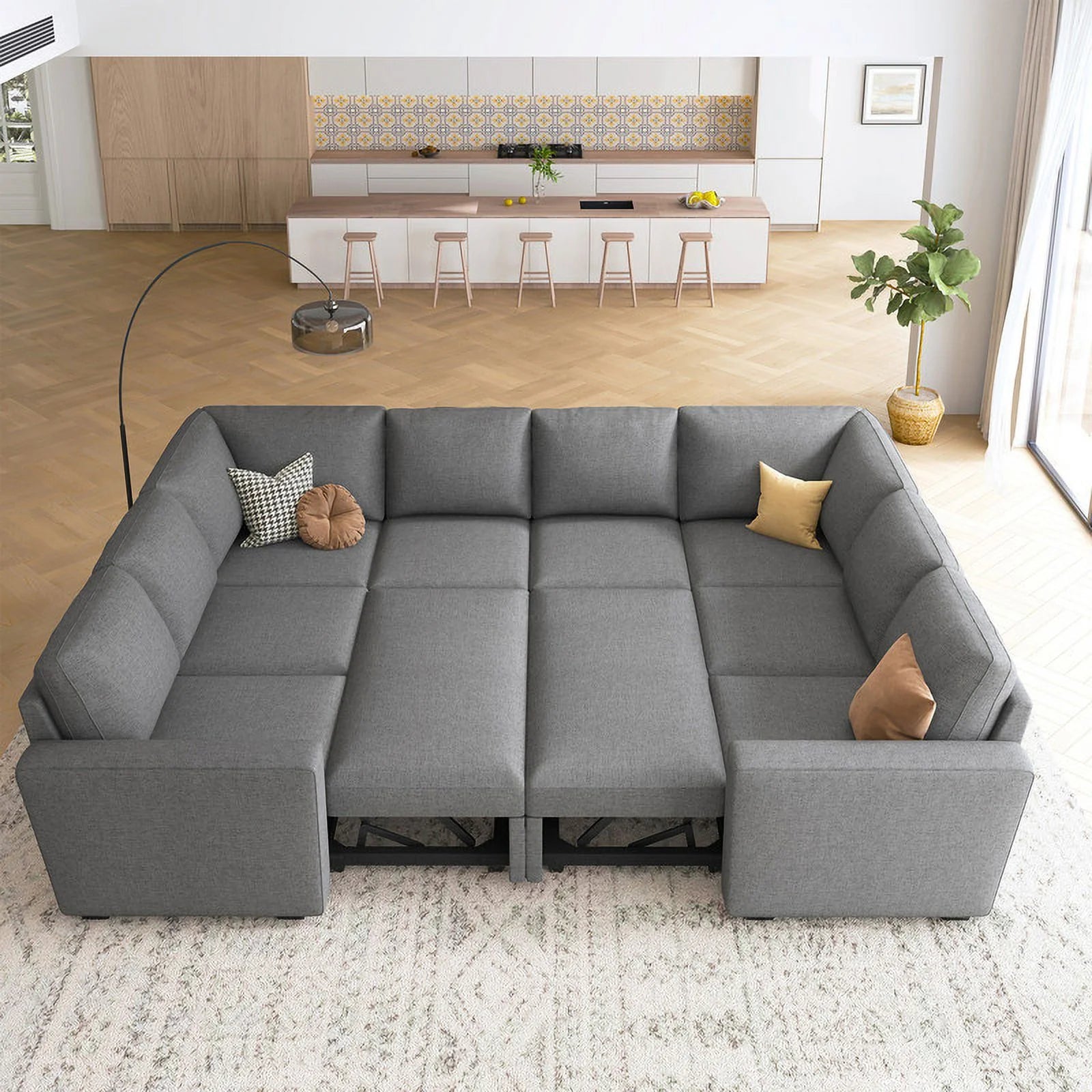 Velvet Pull-Out Modular Sectional Sleeper Sofa Bed with Storage for Living Room, Gray