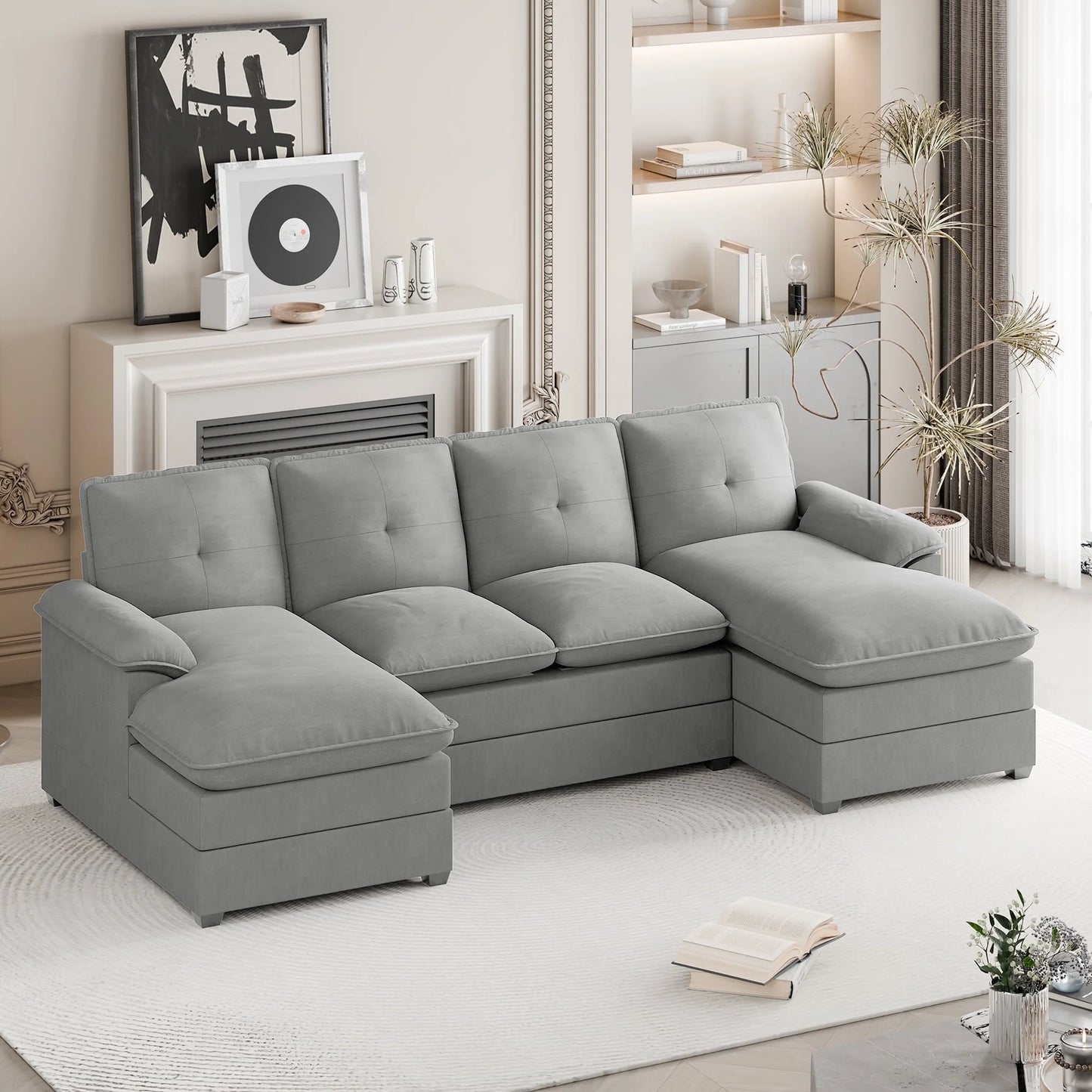 Sectional Sofa Couches Set Oversized U Shaped Sleeper Bed Couch with Double Chaise 4-Seat Cloud Couch for Living Room Home Apartment Light Gray