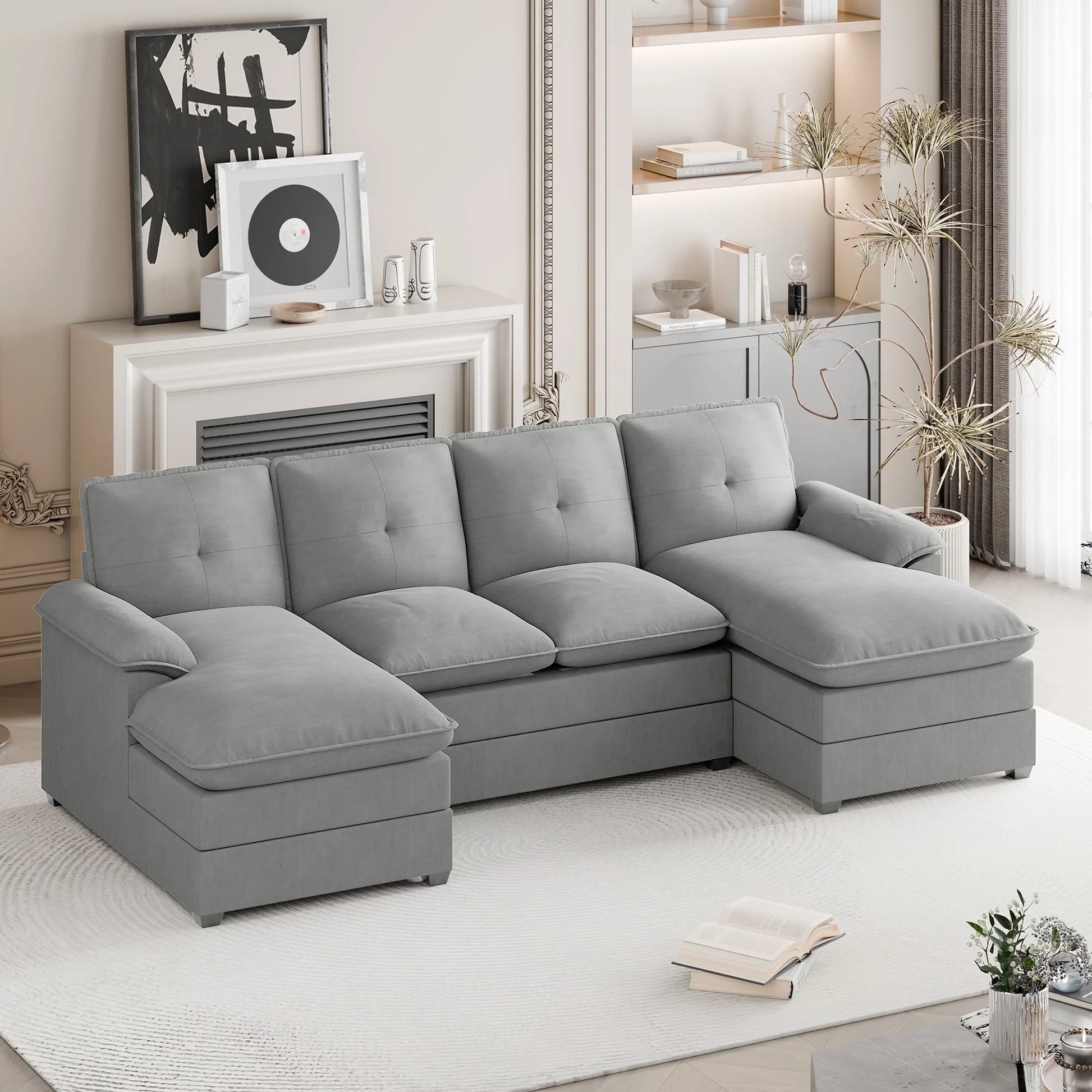 Sectional Sofa Couches Set Oversized U Shaped Sleeper Bed Couch with Double Chaise 4-Seat Cloud Couch for Living Room Home Apartment Light Gray