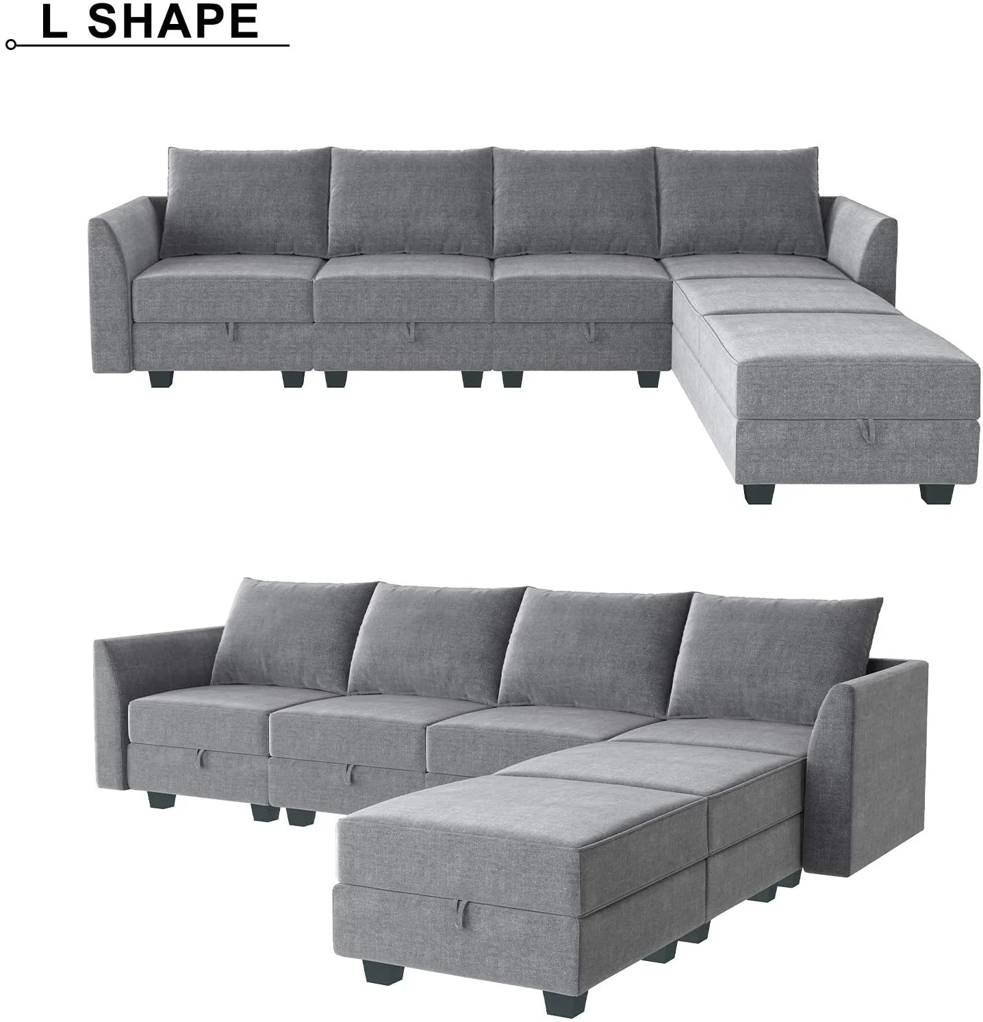Large U-Shaped Modular Sectional Sofa with Storage Ottoman Convertible Living Room Furniture Set, Polyester Fabric, Solid Wood Frame, Gray