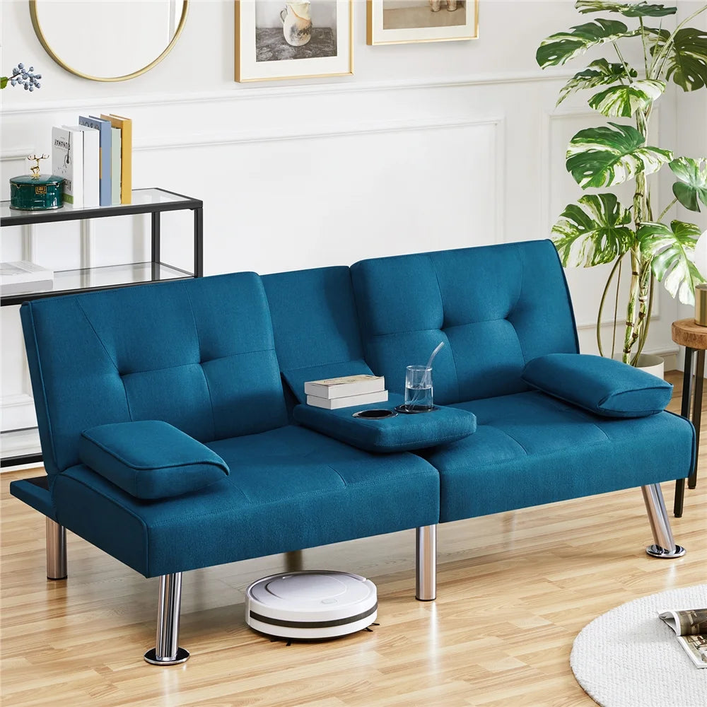 Fabric Upholstered Convertible Futon Sofa Bed with Cup Holders and Pillows for Livingroom, Aqua Blue