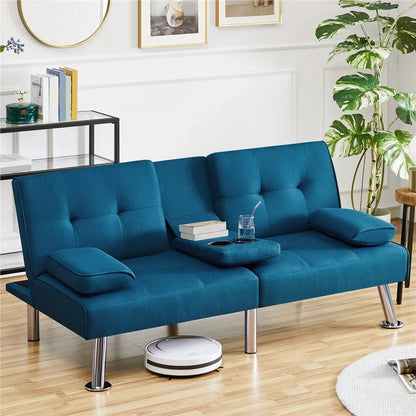 Fabric Upholstered Convertible Futon Sofa Bed with Cup Holders and Pillows for Livingroom, Aqua Blue