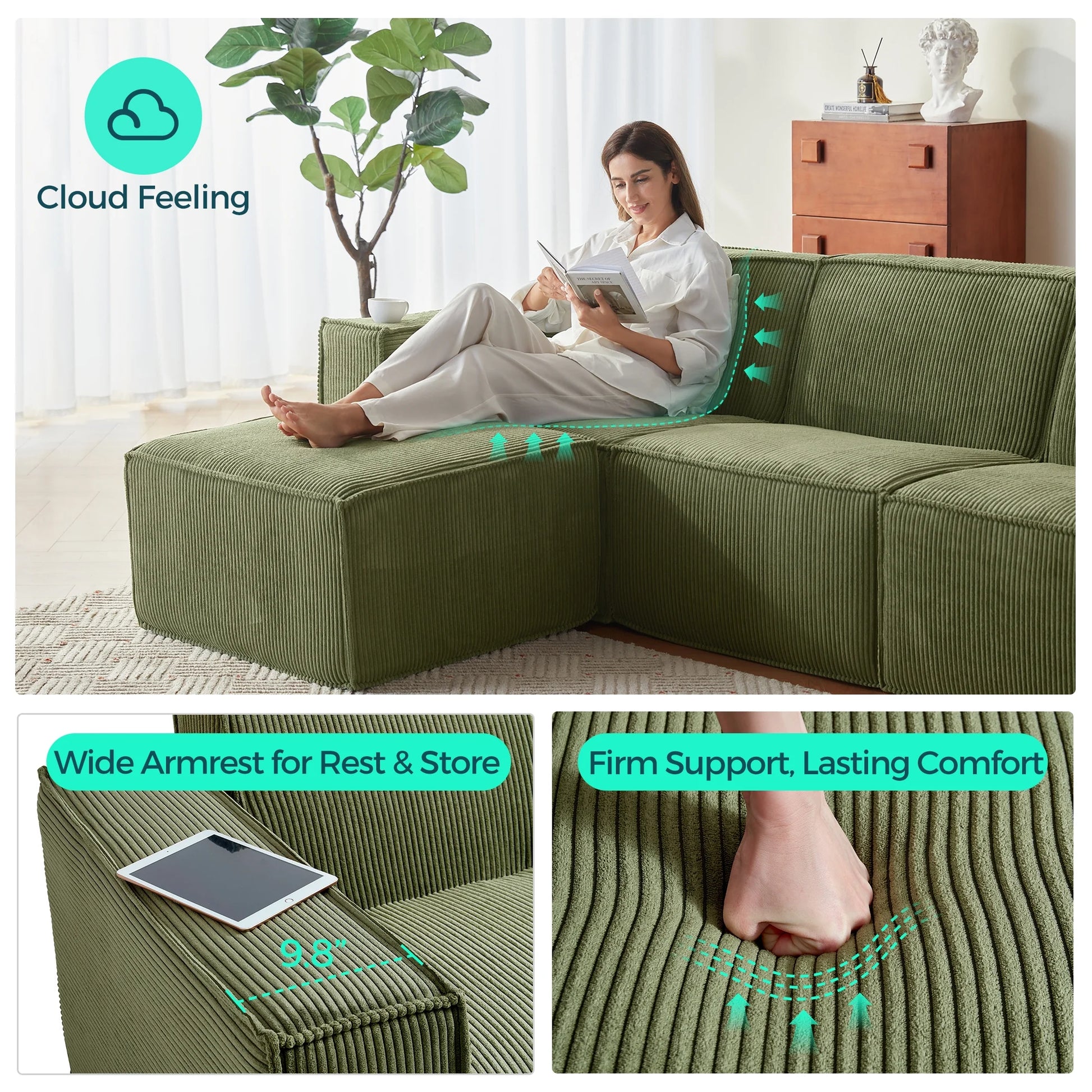 Oversized Modular Sectional Sofa, U-Shaped Cloud Sofa Couch with Corduroy Fabric, 4 Seat Sponge Sofa for Living Room, No Assembly Required, Green