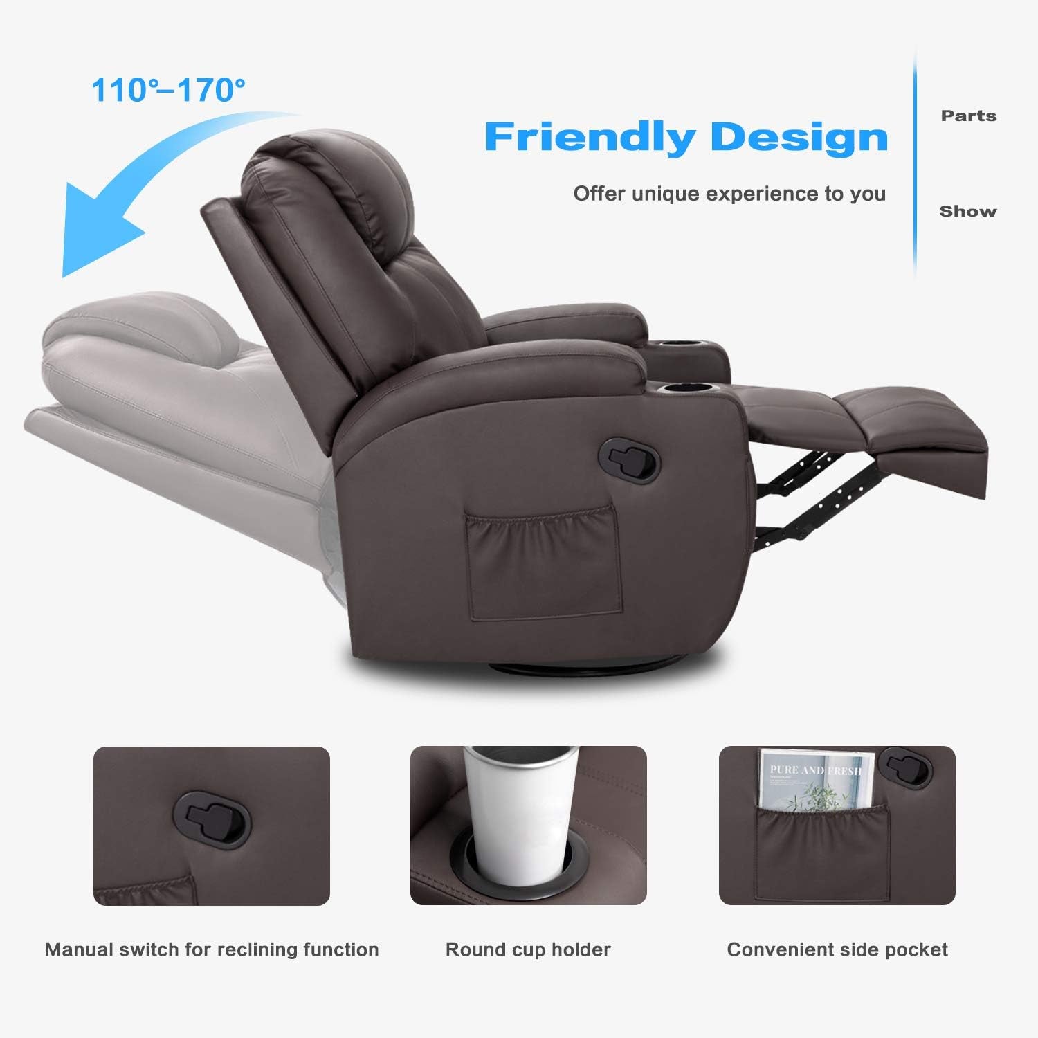 PU Leather Chair Magic Adjustable Home Theater Single Recliner Thick Seat and Backrest, 360° Swivel and Rocking Sofa for Living Room, Brown