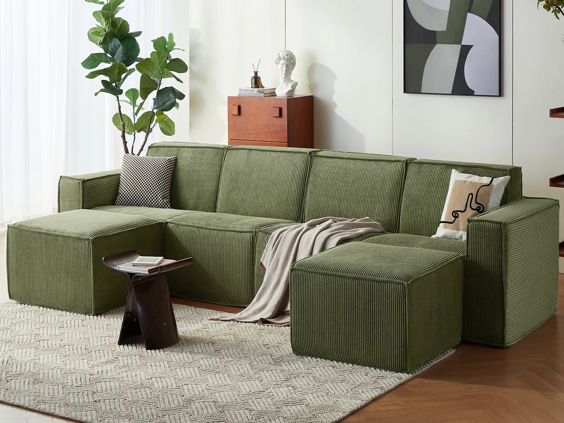 Oversized Modular Sectional Sofa, U-Shaped Cloud Sofa Couch with Corduroy Fabric, 4 Seat Sponge Sofa for Living Room, No Assembly Required, Green