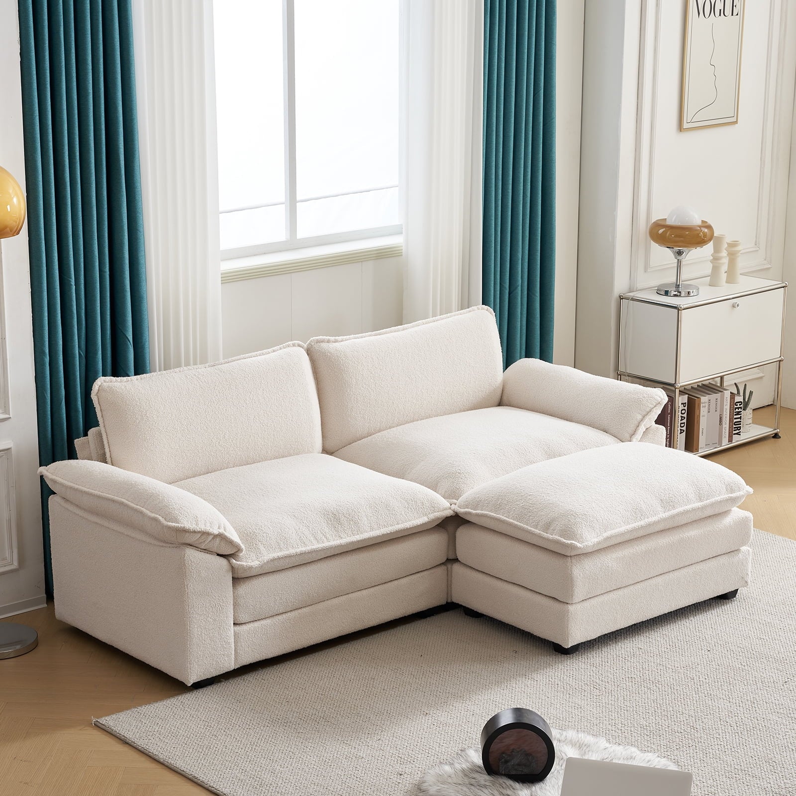 86" W Sectional Sofa Modern Convertible Couch with Double Cushions L Shaped Sofa with Reversible Chaise, Teddy Velvet Sofa Set with 2 Wider Seater Teddy White