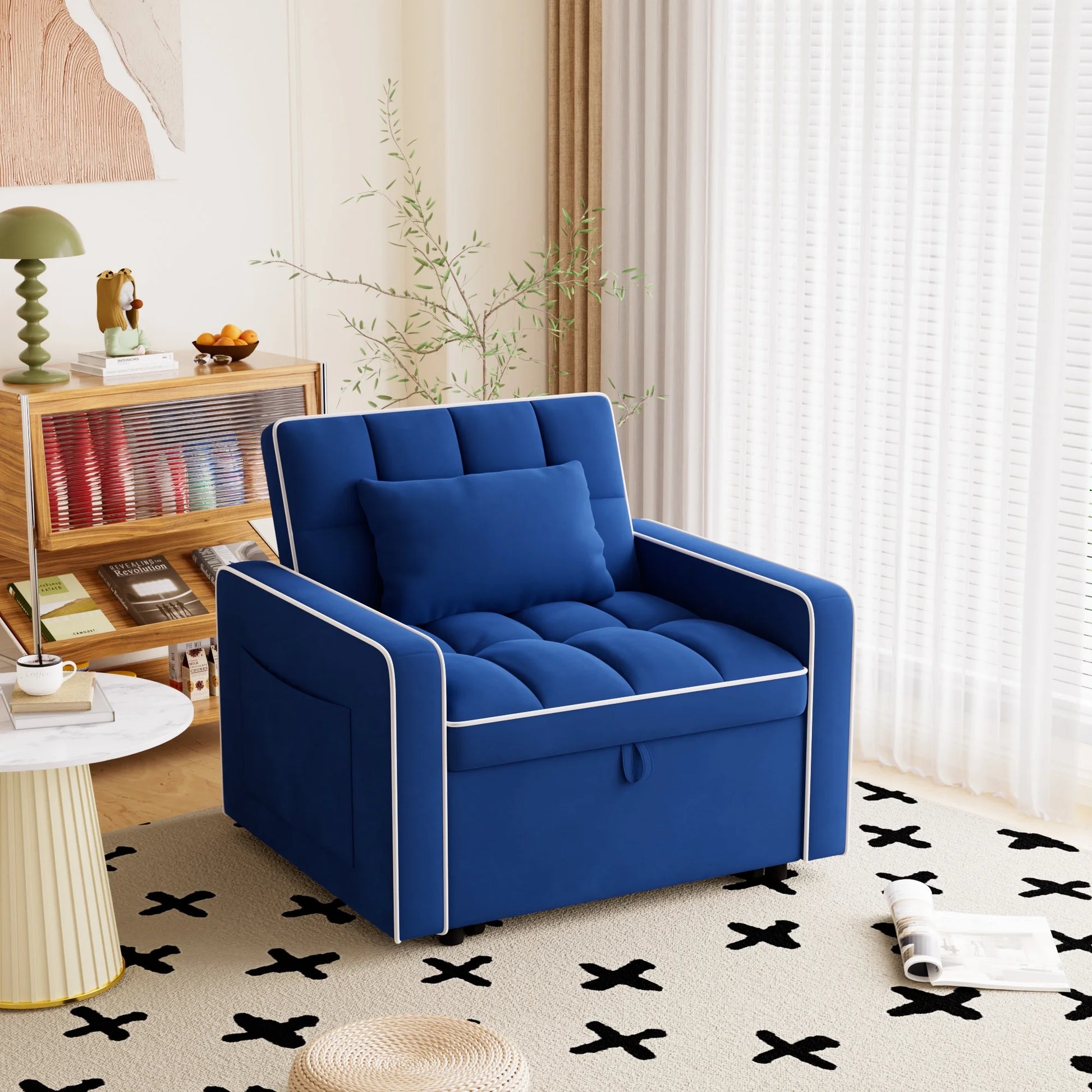 Sleeper Sofa Chair Bed, 3-In-1 Convertible Recliner Sofa Bed for Living Room Apartment, Blue