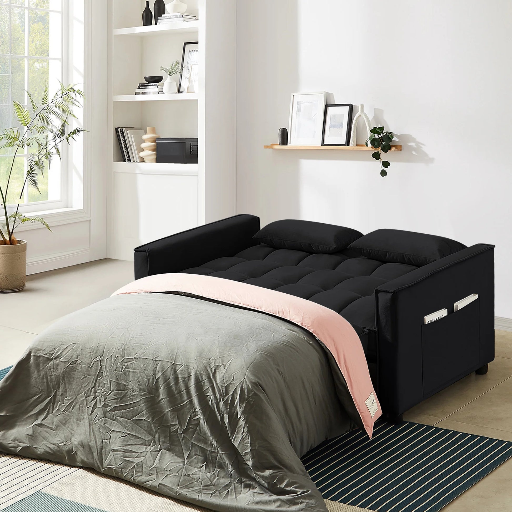 4-In-1 Convertible Futon Sofa Bed, Pull Out Couch Beds Loveseat Sleeper, Black Velvet